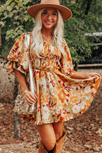 Green Ruffled Puff Short Sleeve Floral Dress