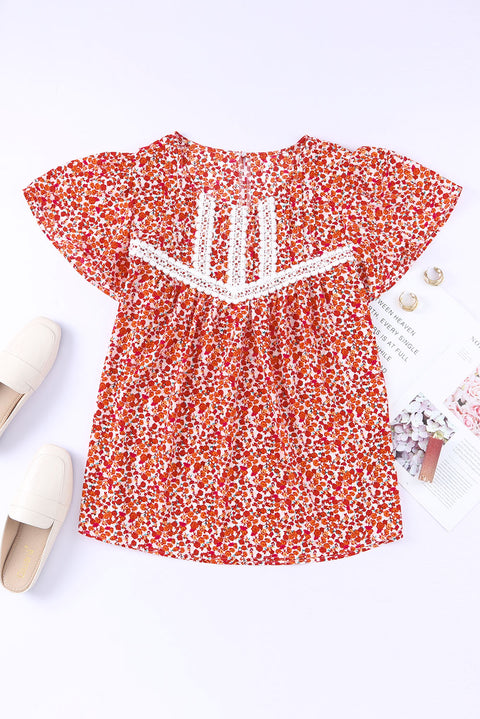 Floral Printed Lace Trim Plus Ruffle Sleeve Blouse