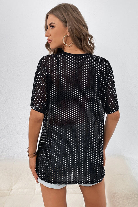 Black Sequin Drop Shoulder Sheer T-shirt