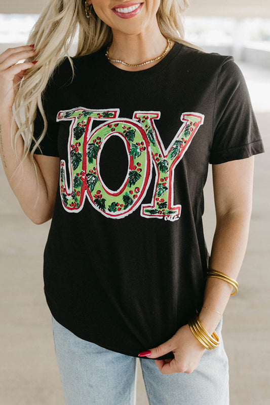 Black JOY Holly Printed Christmas Fashion Tee