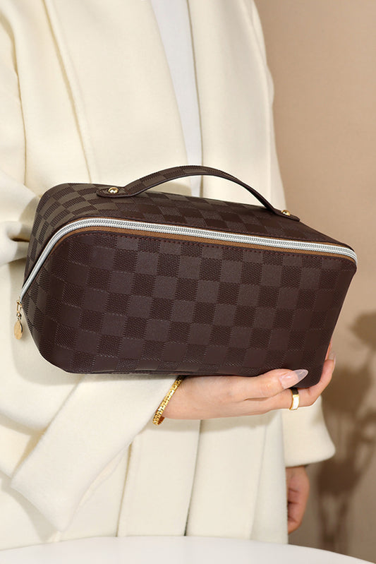 Chestnut Checkered Zipper Handle PU Leather Travel Makeup Bag