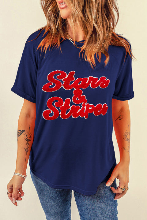 Blue Chenille Stars & Stripes Patched Graphic T Shirt