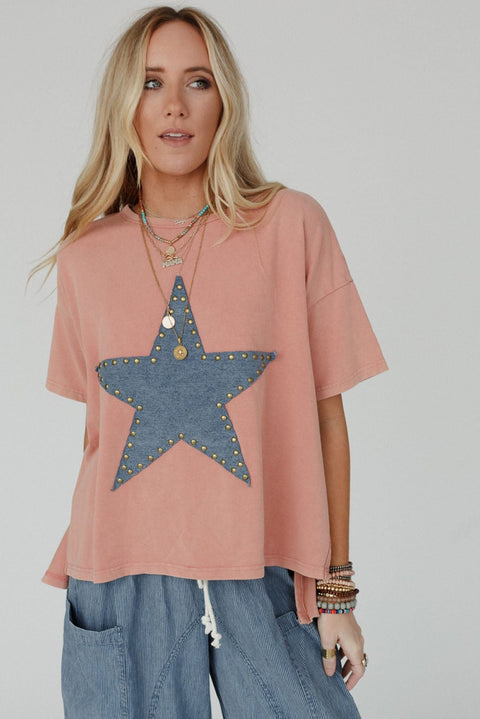 Apricot Pink Mineral Wash Studded Star Patch Graphic High Low Tee