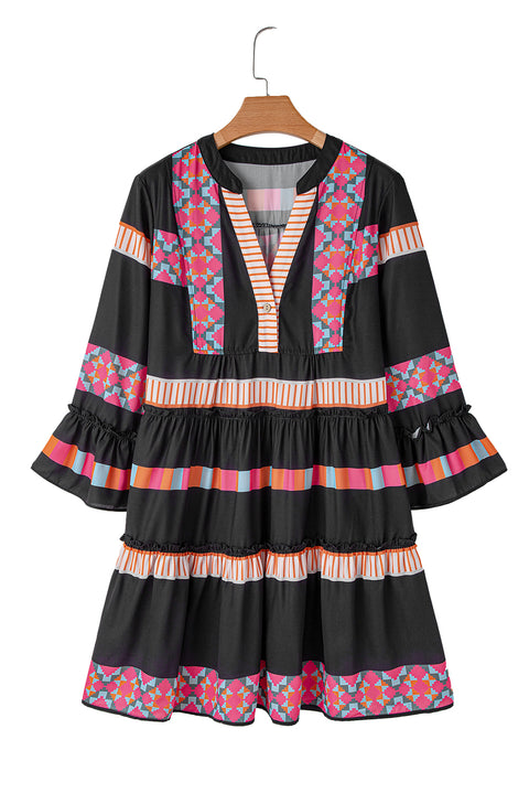 Black Ethnic Print Buttoned V Neck Bell Sleeve Ruffle Patchwork Dress