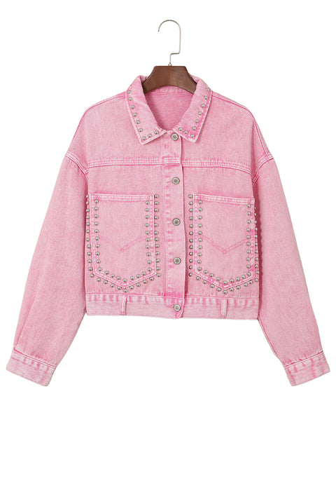 Chaqueta vaquera con bolsillos y tachuelas con remaches rosa 