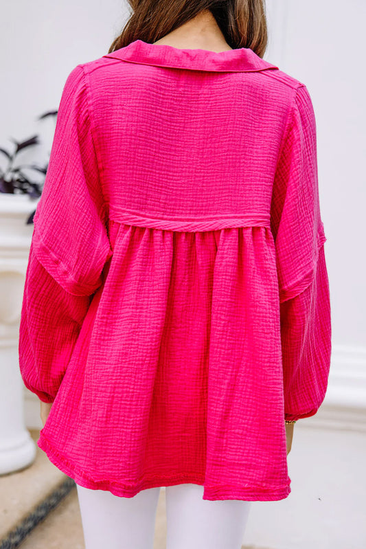 Rose Crinkle Collared V-Neck Bubble Sleeve Flowy Blouse