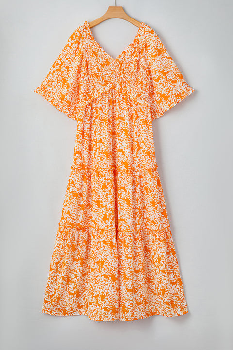 Orange Floral Print Smocked V Neck Wide Sleeve Maxi Dress