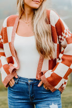 Chestnut Mix Checkered Open Front Knit Cardigan