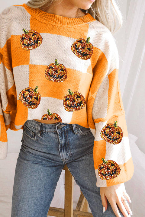 Grapefruit Orange Sequined Halloween Pumpkin Checkered Pattern Puff Sleeve Sweater