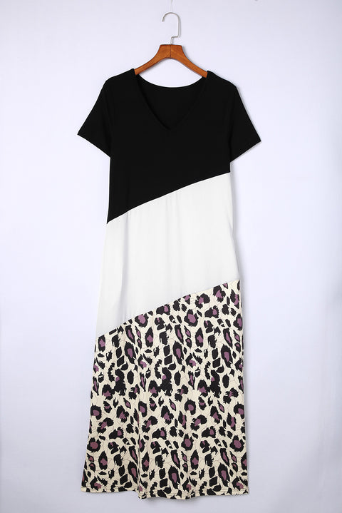 Leopard Color Block Side Slit T Shirt Maxi Dress