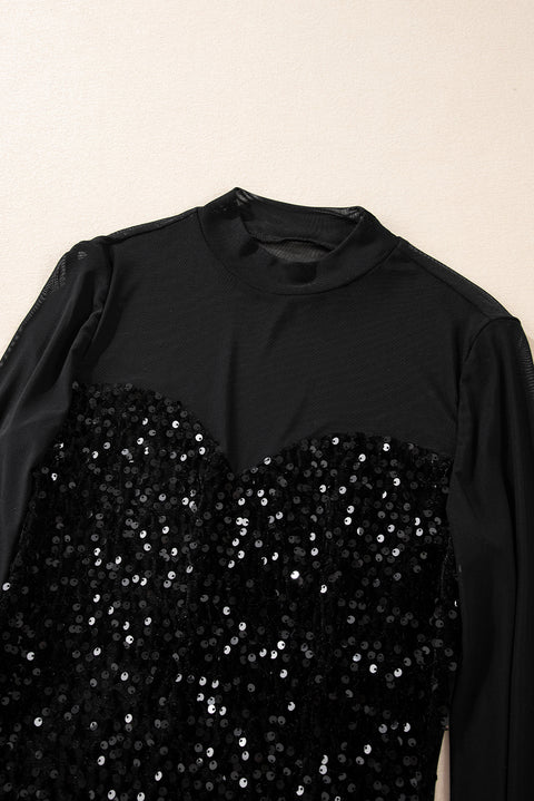 Black Sequin Velvet Sheer Mesh Mock Neck Blouse