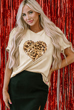 Khaki Sequined Leopard Love Heart Print Crew Neck T Shirt