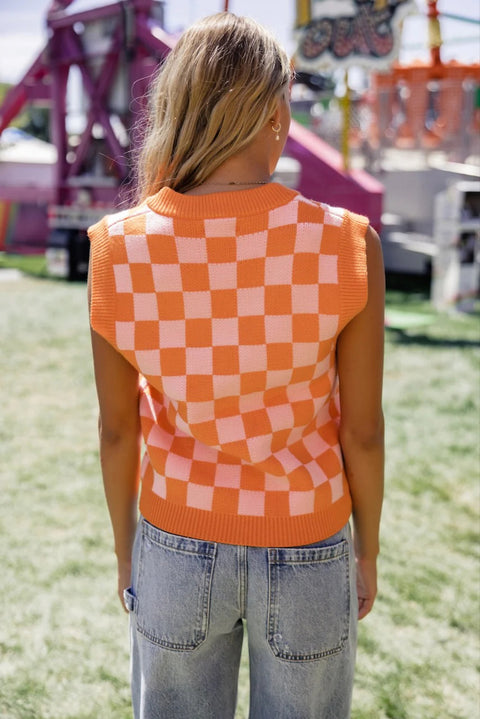 Russet Orange Checkered V Neck Knitted Sweater Vest