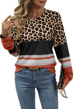 Khaki Leopard Color Block Crewneck Long Sleeve Top