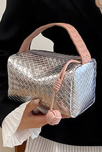 Silvery Lattice Texture Corded Ball Decor Weaven Handle Cosmetic Bag