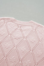 Gossamer Pink Openwork Plaid Puff Sleeve Cropped Sweater