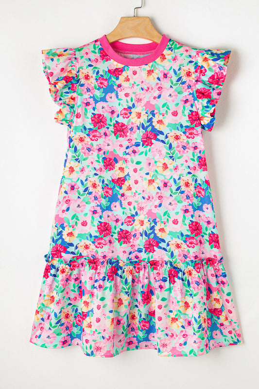 Multicolour Floral Print Flutter Sleeve Ruffled Mini Dress