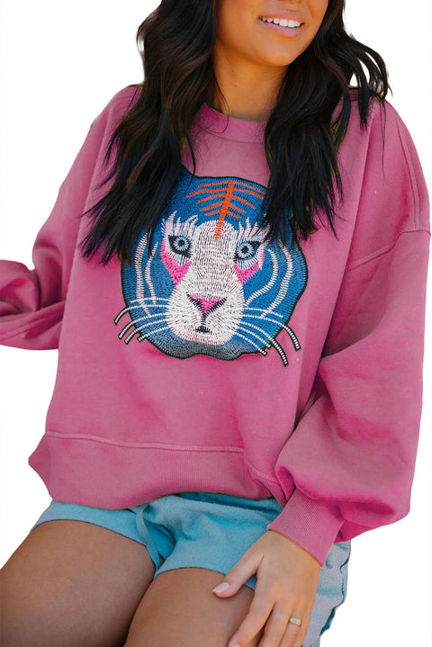 Rose Chic Tiger Embroidered Casual Sweatshirt