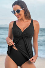 Black Crossed V Neck Adjustable Strap Babydoll Tankini Top