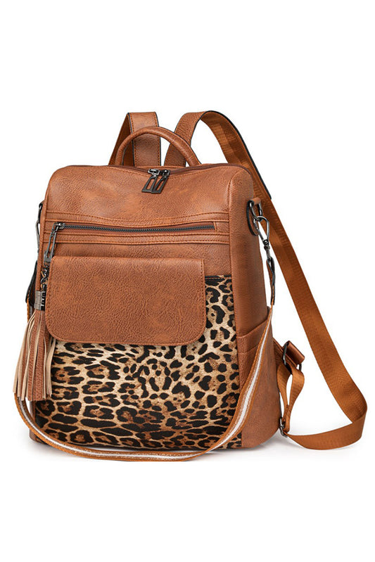 Coffee Leopard Patchwork PU Leather Functional Backpack