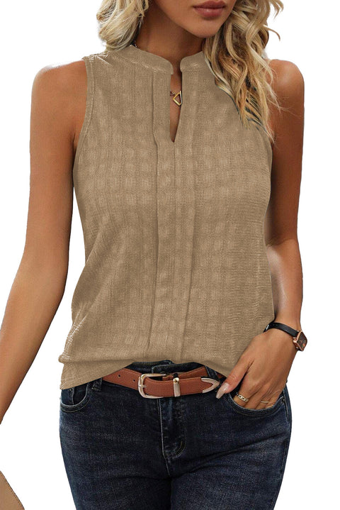 Light French Beige Lattice Textured Split Neck Tank Top