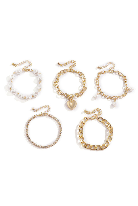 Gold Heart Pendant Pearl Rhinestone Chain Bracelet Set