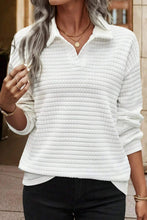 White Quilted Texture Sporty Collared Long Sleeve Top