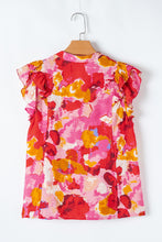 Red Abstract Print Split V Neck Ruffle Short Sleeve Blouse