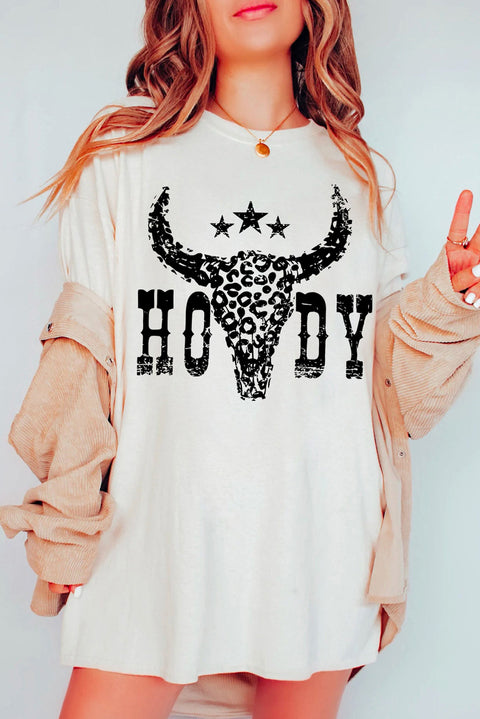 White HOWDY Cheetah Steer Head Print Oversized T Shirt