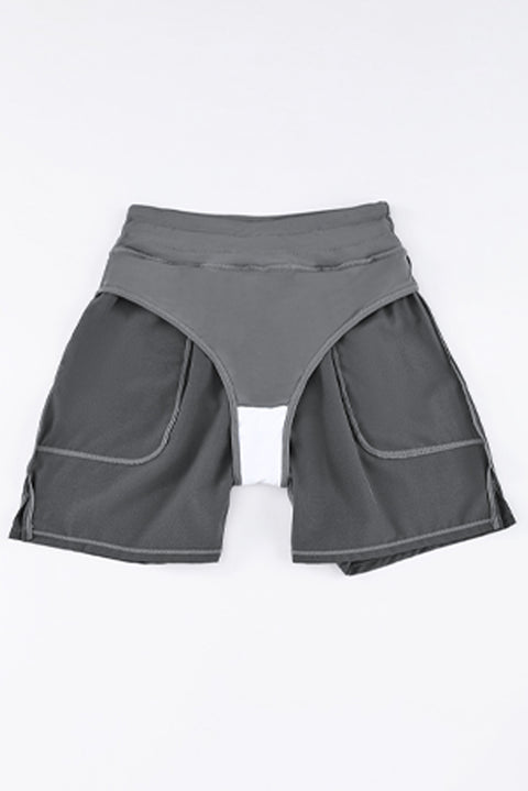 Gray Solid Pocketed Drawstring High Waist Swim Bottom