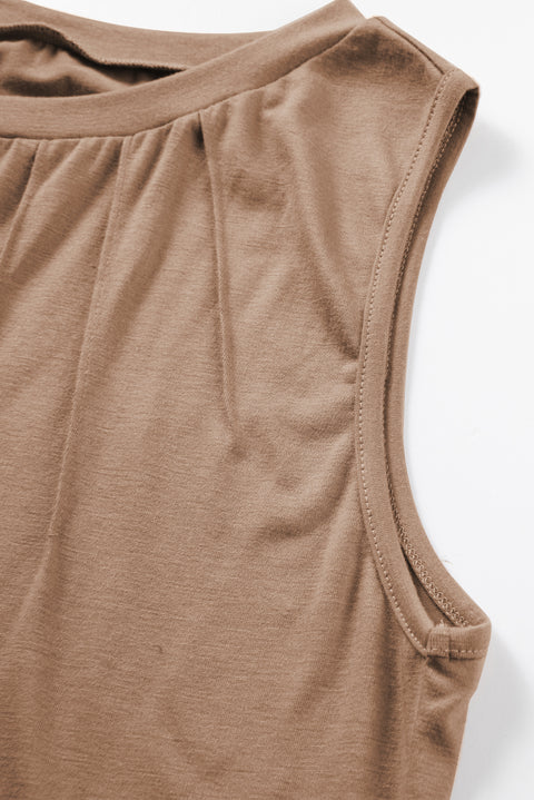 Light French Beige Pleated Detail Round Neck Tank Top