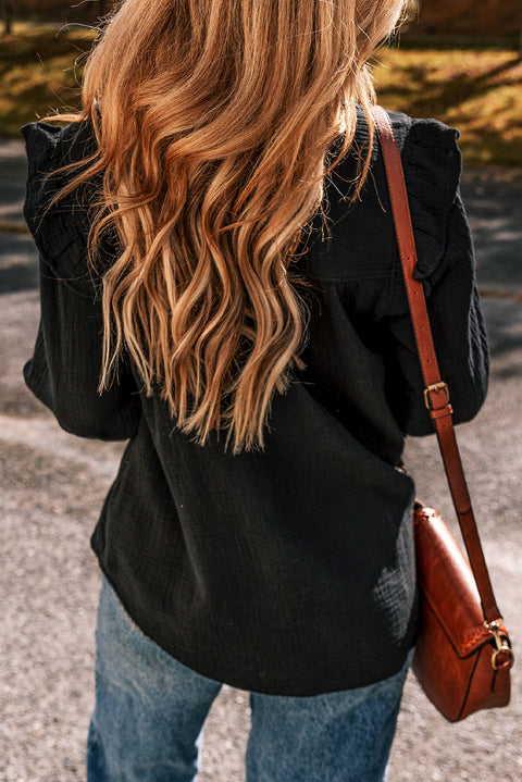 Black Textured Ruffled Trim Buttoned Loose Fit Shirt