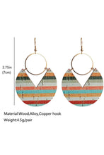 Multicolor Rainbow Stripe Pattern Notch Round Wooden Pendant Earrings