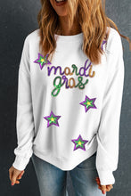 White Sequined Mardi Gras Star Pattern Drop Shoulder Sweatshirt