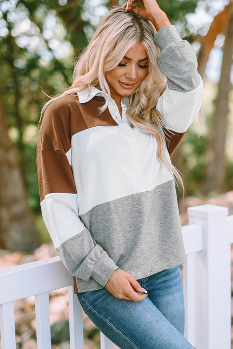 Turn-down Collar Colorblock Pullover Sweatshirt