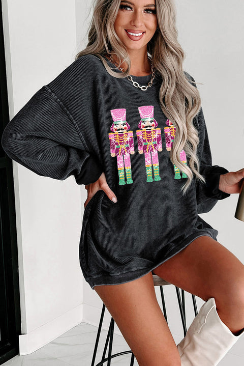 Black Christmas Neon Nutcrackers Mineral Wash Corded Sweatshirt