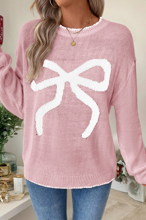 Pink Bow Pattern Contrast Trim Christmas Loose Graphic Sweater