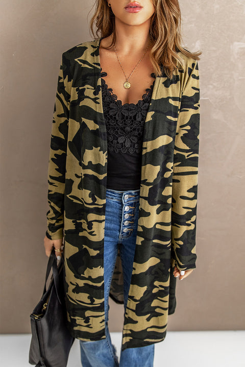 Green Camo Print Long Cardigan