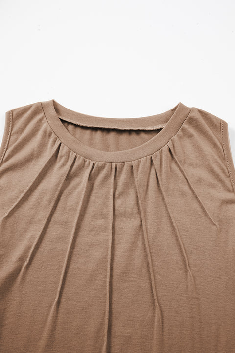 Light French Beige Pleated Detail Round Neck Tank Top