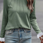 Grass Green Seam Detail Lace Contrast Cuffs Raglan Sleeve Top