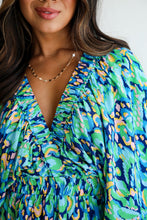 Green Abstract Print Puff Sleeve V Neck High Waist Romper