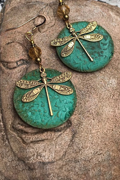 Dark Green Retro Dragonfly Hook Drop Earrings