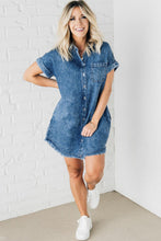 Blue Mineral Wash Cuffed Sleeve Frayed Hem Denim Dress