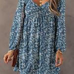 Blue Floral Print Sweetheart Neck Shirred Back Mini Dress