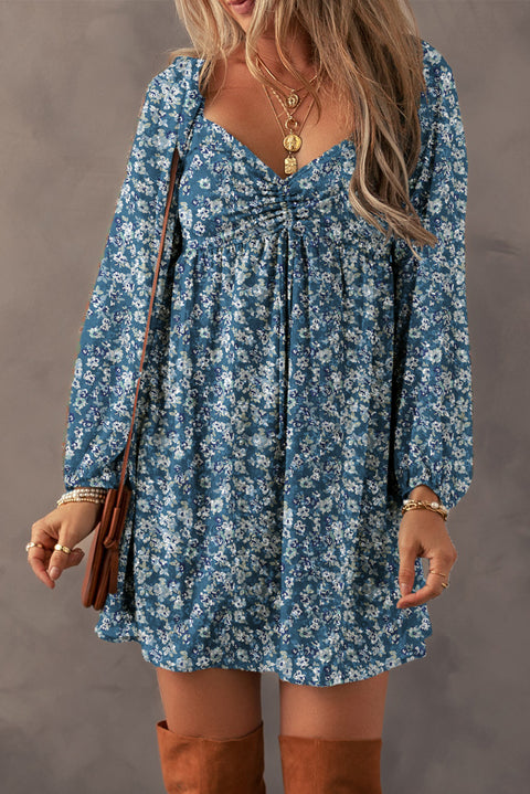 Blue Floral Print Sweetheart Neck Shirred Back Mini Dress