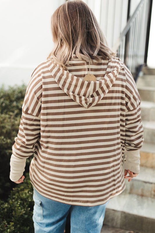 Brown Stripe Quarter Buttons Drop Sleeve Plus Size Hoodie