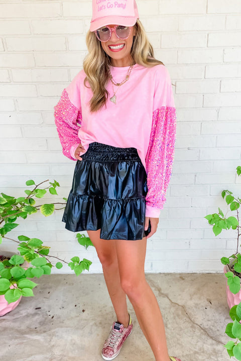 Pink Sequin Patchwork Long Sleeve Pullover Top