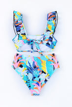 Tropical Print Ruffled Square Neck Tie High Waist Swimsuit