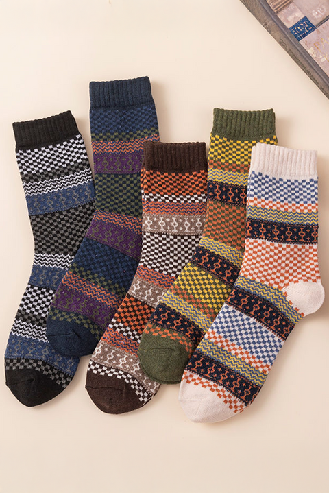 Brown Boho Checkered Pattern Soft Crew Socks Set