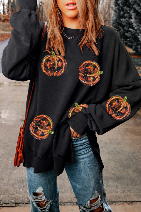 Black Sequined Jack O Lantern Split Hem Baggy Sweatshirt